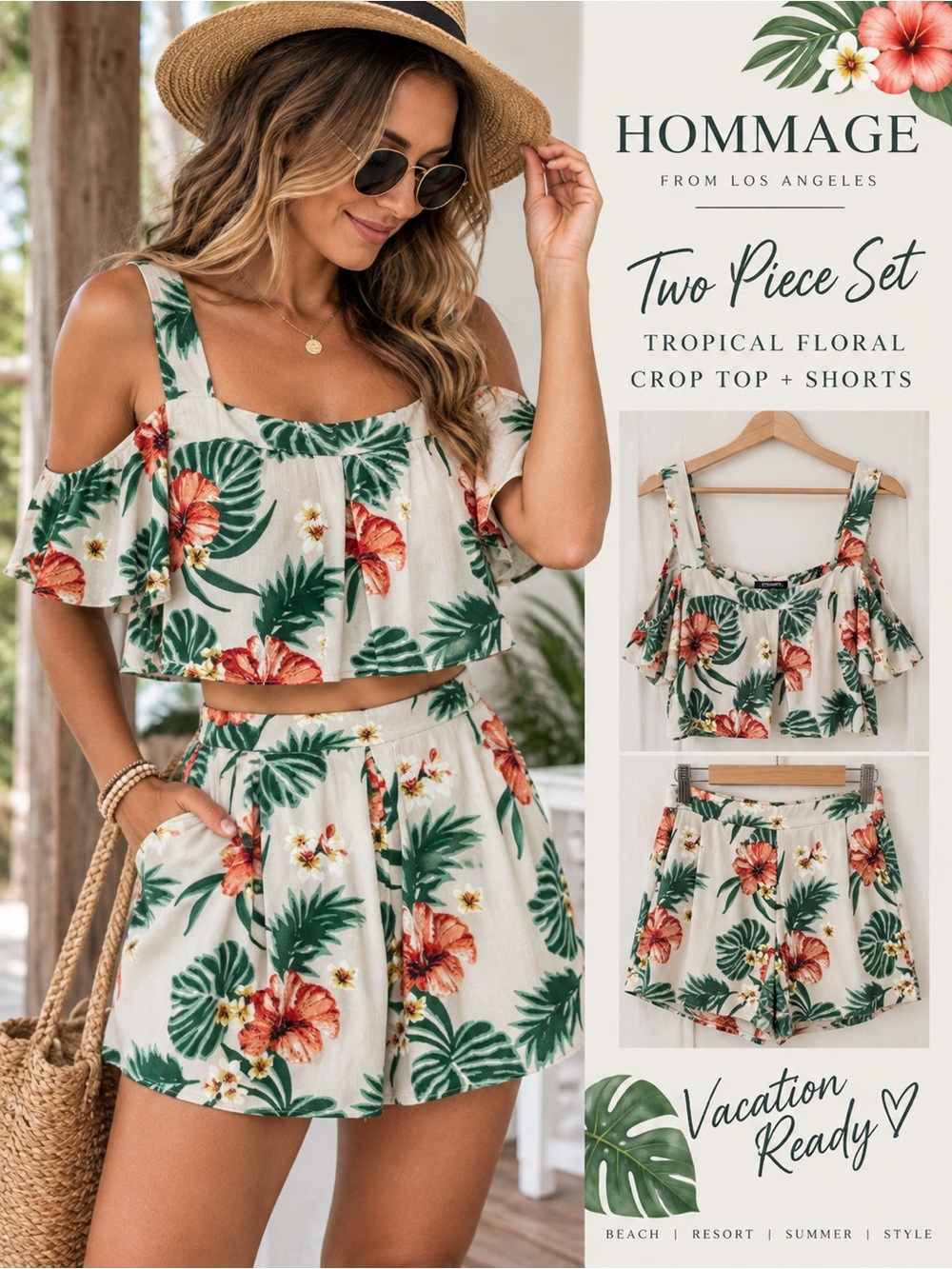 Hommage Los Angeles Tropical Floral 2 Piece Crop Top Shorts Set Size Large L